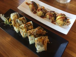 yum hidden agenda makis and ok stuffed shiitake at Shizen Vegan Sushi Bar in San Francisco