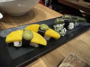 Pickled mango and okra nigiri   at Shizen Vegan Sushi Bar in San Francisco