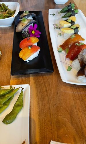 Mushroom, tomato, okra, green mango, eggplant and inari nigiri  at Shizen Vegan Sushi Bar in San Francisco