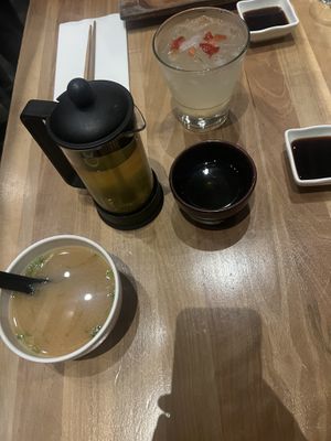 Green Tea, miso soup, and sangria  at Shizen Vegan Sushi Bar in San Francisco