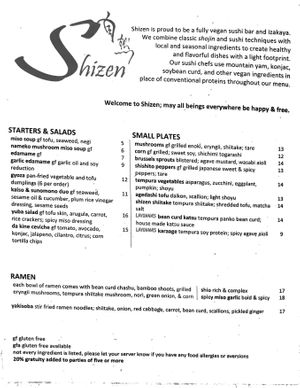Food menu 2025-01-09, side 1 at Shizen Vegan Sushi Bar in San Francisco