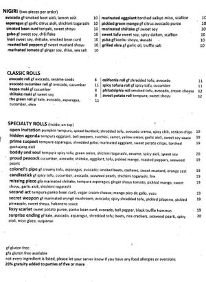 Food menu 2025-01-09, side 2 at Shizen Vegan Sushi Bar in San Francisco