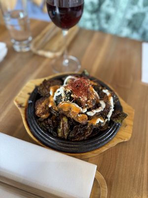 Charred Brussels sprouts. Very charred on bottom   at Shizen Vegan Sushi Bar in San Francisco