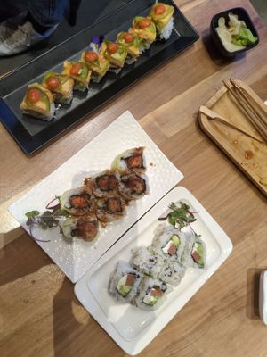 spicy one I forgot the name of, sweet potato tempura, California roll at Shizen Vegan Sushi Bar in San Francisco