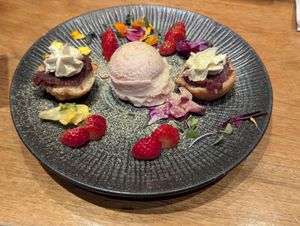 Mochi bun with red bean paste and ice cream at Shizen Vegan Sushi Bar in San Francisco