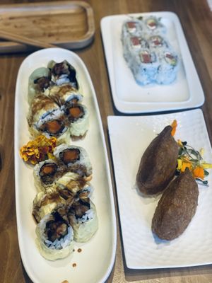Sweet potato tempura roll, inari, and Philadelphia roll  at Shizen Vegan Sushi Bar in San Francisco