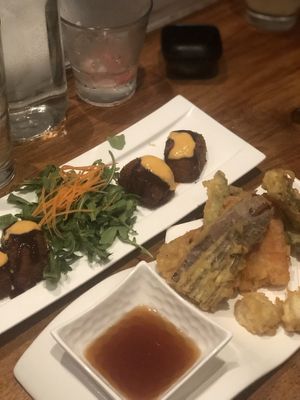 Croquettes and vegetable tempura. Croquettes are delicious at Shizen Vegan Sushi Bar in San Francisco