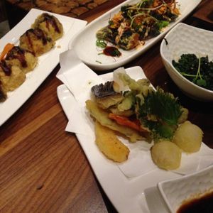 3 izakaya dishes and a special roll at Shizen Vegan Sushi Bar in San Francisco