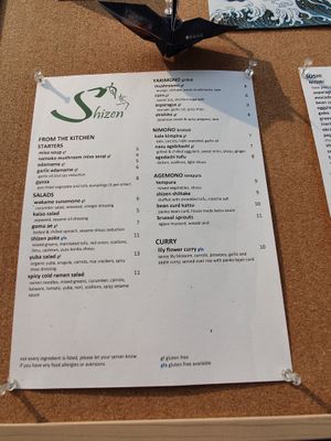 Menu at Shizen Vegan Sushi Bar in San Francisco