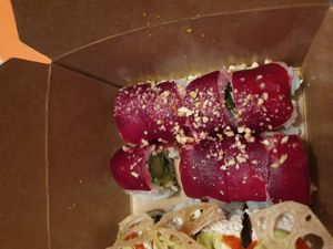 Colonel's Pipe $15
smoked beets, cashews, creamy tofu, asparagus, avocado, sweet mustard, orange zest
 at Shizen Vegan Sushi Bar in San Francisco