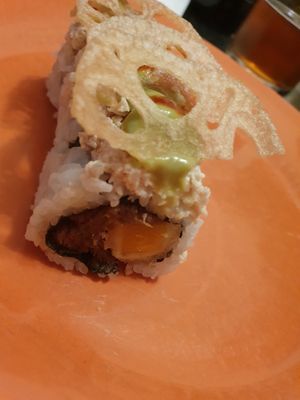 Open Invitation $15
pumpkin tempura, spiced burdock, shredded tofu, tapioca, avocado crema, renkon chips

 at Shizen Vegan Sushi Bar in San Francisco