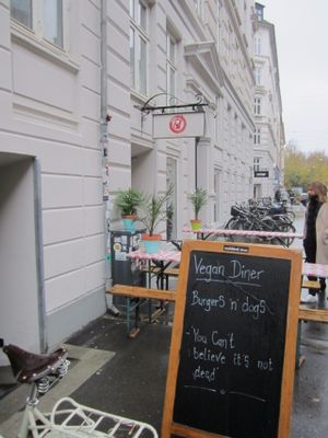 Astrid og aberne's street sign. A cosy little place.  And ALL is vegan!  at Astrid och Aporna - Cph in Copenhagen