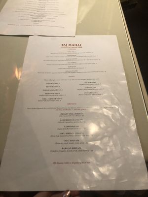 Menue at Taj Mahal in Boise