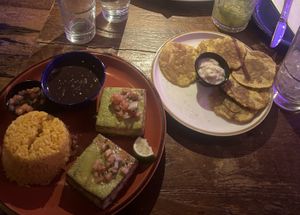 Vegan tofu chimichurri and tostones  at Bogota Latin Bistro in Brooklyn