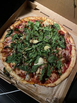 pizza with vegan cheese and soyrizo with many toppings at Blaze Pizza in Gainesville