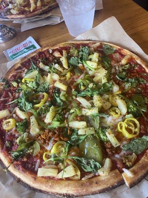 Vegan dough with vegan cheese, chorizo, and various veggies, drizzled with olive oil    at Blaze Pizza in Gainesville