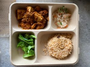 Friday Set Lunch-.馬來番茄飯配甜
辣猴頭菇豆腐 Nasi Tomato-
Delivery after 12.15pm x 1
Vegan- No egg
RM 22.00
 at Green Bamboo Organic Shop in Kuala Lumpur