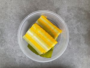 17. 有机澳洲南瓜香兰叶千层马来糕 Kuih Lapis w Organic Australian Pumpkin n Pandan Juice (2pcs) RM5
 at Green Bamboo Organic Shop in Kuala Lumpur