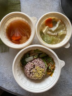 有机蔬菜香菇豆腐焖饭 Braised Organic Vegetables Mushroom with Sprouted Tofu Set (comes with brown rice, green vege n soup) RM22
 at Green Bamboo Organic Shop in Kuala Lumpur