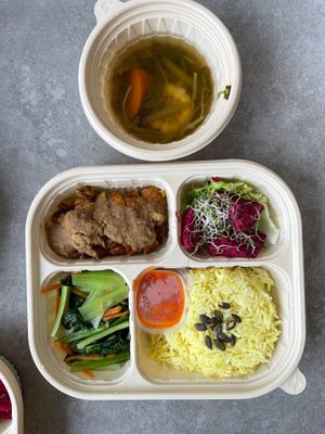 1.黄姜素G饭 Vegan Chicken Rice RM24
Steamed and pan fried Marinated Sweet Soy Sauce Dried Beancurd with Turmeric Basmati rice, balanced veges, salad and soup
 at Green Bamboo Organic Shop in Kuala Lumpur