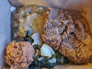 TV dinner: seitan steak, greens, hush puppy, mashed potatoes and gravy at Quickie Too in Tacoma