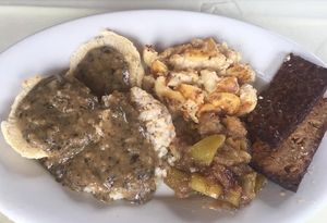 Country cousin with Tempeh.... soo good and you get a lot of different items to taste. This comes with a drink and a muffin during their brunch menu. at Quickie Too in Tacoma