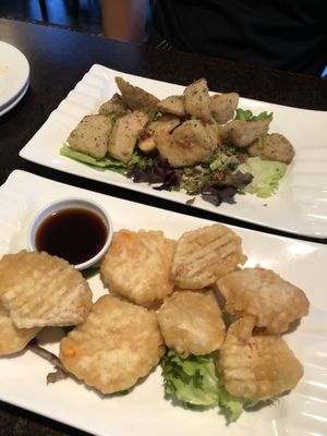 Black pepper oyster mushroom were okay, too chewy for me (top) and the root vegetable tempura was super yummy (bottom) at Jujube Tree in Astoria