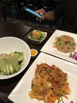 House fried rice (top right), avocado salad (bottom left), and kimichi udon (bottom right)  at Jujube Tree in Astoria