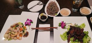 Seafood vegetables (don't recommend) and vegan BBQ ( good but a little on the burnt side) at Jujube Tree in Astoria