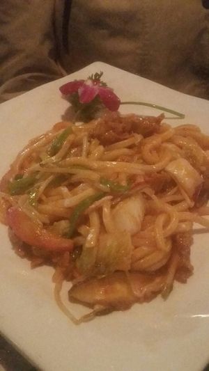 Spicy udon noodles with some extremely realistic "chicken." Tew, Tew good. at Jujube Tree in Astoria