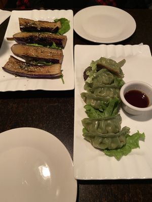 Eggplants and Veggie pot stickers at Jujube Tree in Astoria