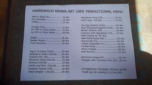 Menu at Marrakech Henna Art Cafe in Marrakech