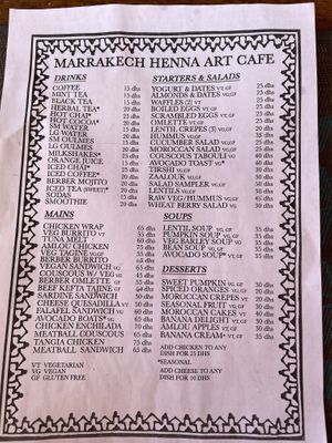 clearly labelled menu with many options   at Marrakech Henna Art Cafe in Marrakech