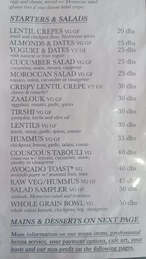 Menu at Marrakech Henna Art Cafe in Marrakech