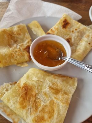 Moroccan crepes - came with jam, chocolate or honey labelled vg/vt (veggie), I took that to mean only the jam option was vg. at Marrakech Henna Art Cafe in Marrakech