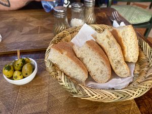 Free traditional bread and olives at Marrakech Henna Art Cafe in Marrakech