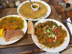 Lentil pancake, zaalouk aubergine and Tirshi (pumpkin) at Marrakech Henna Art Cafe in Marrakech