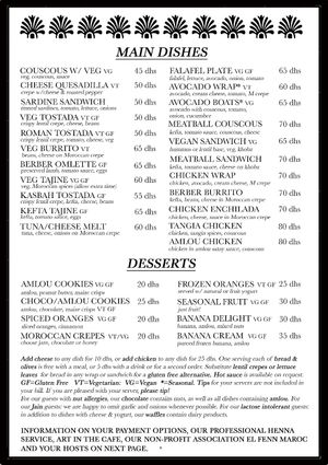 Marrakech Henna Art Cafe menu at Marrakech Henna Art Cafe in Marrakech