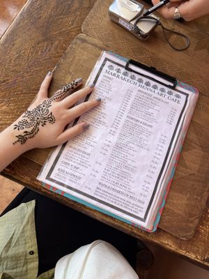menu + henna  at Marrakech Henna Art Cafe in Marrakech