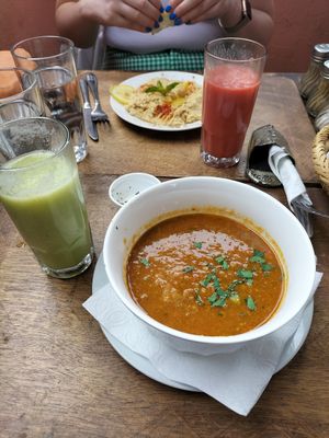 Lentil soup and hummus. at Marrakech Henna Art Cafe in Marrakech