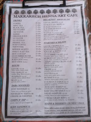 Menu September 2024 at Marrakech Henna Art Cafe in Marrakech