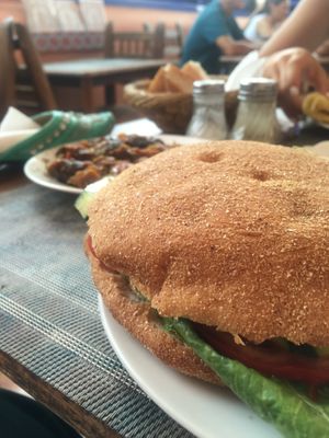Zaalouk (eggplant in tomato sauce) & vegan sandwich with hummus. at Marrakech Henna Art Cafe in Marrakech