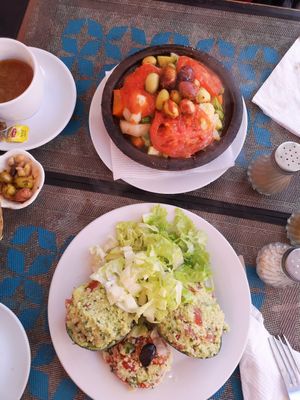 Avocado boats and vegetarian Tajine at Marrakech Henna Art Cafe in Marrakech