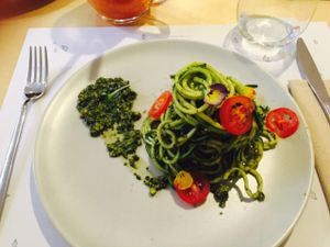 zucchini spaghetti with pistachio pesto  at Mantra Raw in Milan