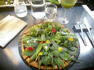 Amazing pizza (art), with 2 flavours combined (pesto mushroom and tomato cream) at Mantra Raw in Milan