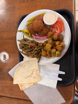 Falafel plate with fried okra and green beans at D's Mediterranean Grill in Waco