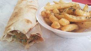 Falafel wrap with French fries. Had them add the special seasoning that they put on their pita chips, on the fries at D's Mediterranean Grill in Waco