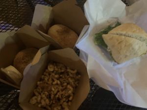 Spinach & mushroom kolache, piroshky, spicy mac ‘n’ cheese, seitan sandwich  at Bistro Vonish Food Truck in Austin
