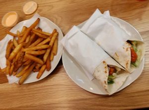 Buffalo wrap (appetizer) and fries at Veggie Grill in Walnut Creek