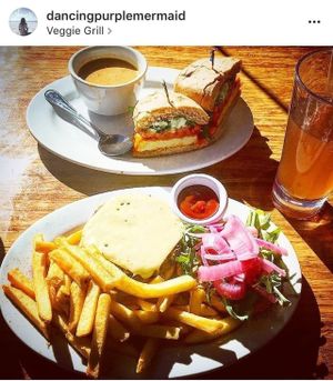 Burger, fries and soup vegan for me, vegetarian for my boyfriend at Veggie Grill in Walnut Creek